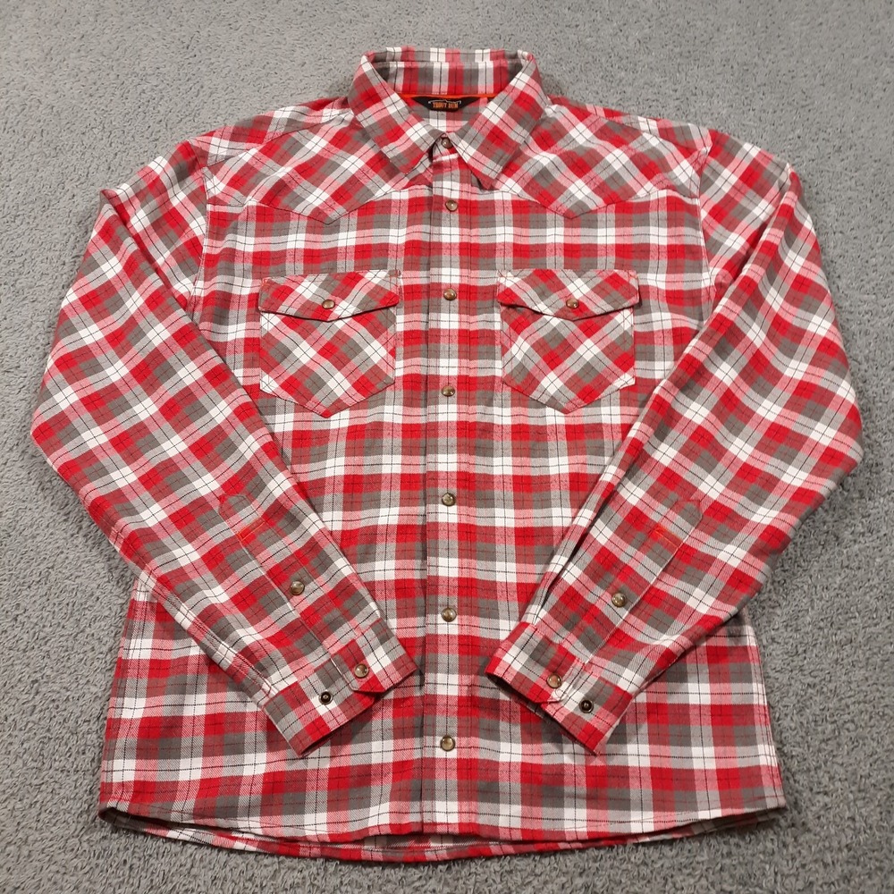 Orvis Trout Bum Flannel Shirt Mens L Red Outdoor Hiking Black Label Pearl Snap